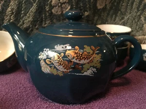 Teal Blue-Green Ceramic Chinese Tea Set 8 Pc Set With Tea Pot & 6 Cups - Picture 1 of 10