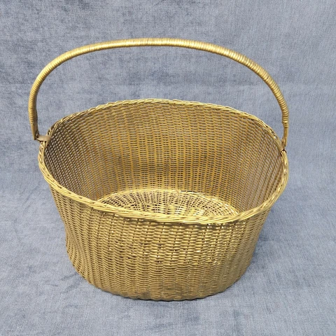 Large Basket Woven with Brass Wire Oval Shape Vintage BOHO u-7D Cover