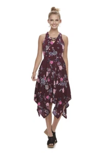 Juniors Dress XL Midi Calf Length Floral Wine Pink Burgundy Boho Summer Halter - Picture 1 of 9
