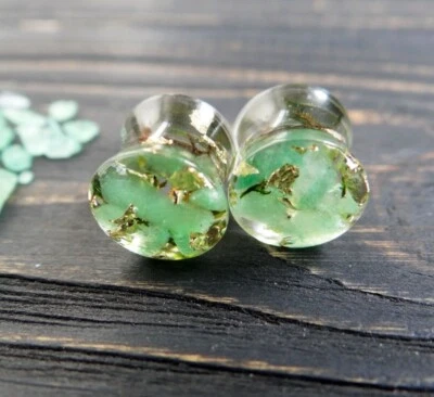 Jade plugs and tunnels Gold earplugs Aventurine resin gauges 00g Double flared - Image 1 of 4