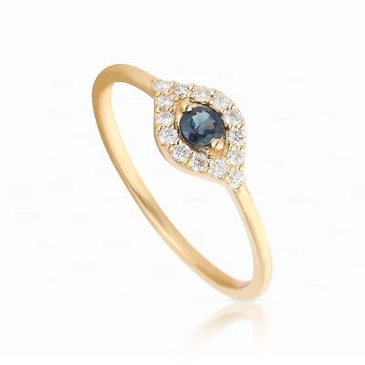 14K Gold Diamond Blue Sapphire Evil Eye Ring September Birthstone Jewelry - Image 1 of 4