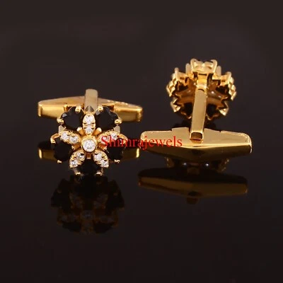 Natural Black Onyx Gemstone With 18K Gold Plated Silver Cufflinks #1325 - Image 1 of 4