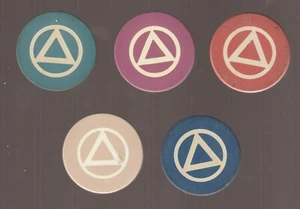 Circle Triangle poker chips, Bakelite, Alcoholics Anonymous, 5 colors - Picture 1 of 1