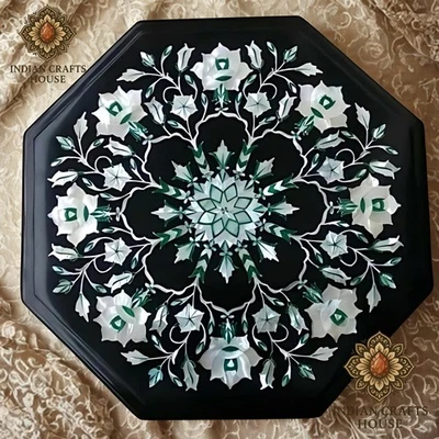 Royal Marble Table Top Semi Precious Stones Inlay Handmade Work Furniture 15" - Image 1 of 4
