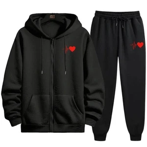 Men's set sports hooded sweatshirt black sweatpants autumn and winter casual - Picture 1 of 12
