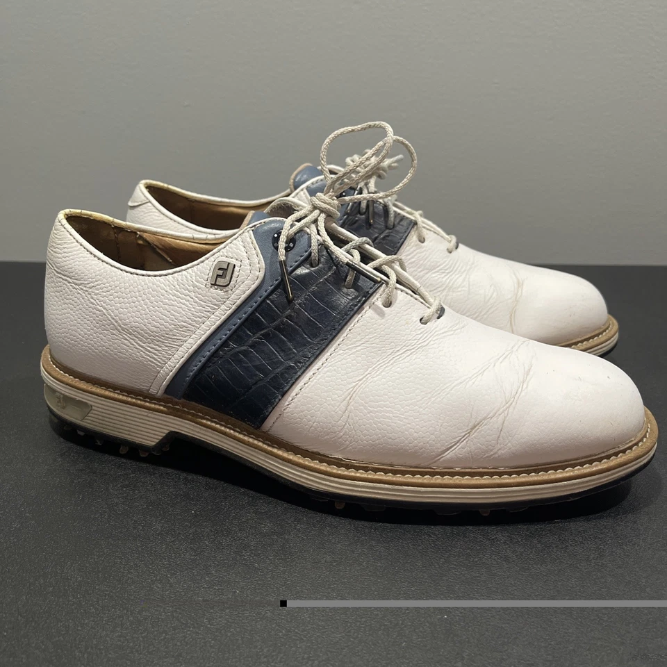 Мужские туфли для гольфа FootJoy DryJoys серии Premiere Packard 7,5 белые темно-синие 54269 - Изображение 1 из 4