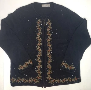 Croft & Barrow Weihnachtspullover groß durchgehender Reißverschluss Strickjacke bestickt schwarz - Bild 1 von 7