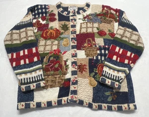 VTG Heirloom Collectibles L Cardigan Sweater Fall Pumpkins Apples Pears Fruit - Picture 1 of 20