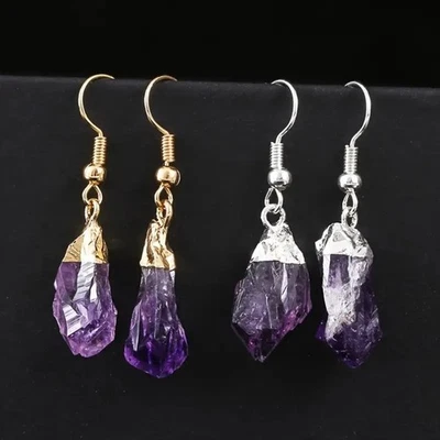 1Paar Frauen unregelmäßig natürlichen rohen Quarz lila Kristall baumeln Ohrringe - Bild 1 von 4