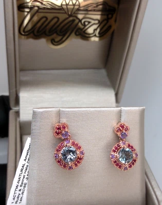 💥$4000- PENDIENTES COLGANTES HALO ESPINELA AMATISTA NATURAL, RUBÍ Y ORO ROSA 14K💥 Foto 1 de 4