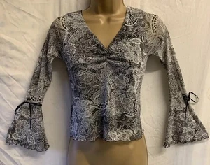 Black / Grey Mesh Chiffon 6 8 Flared Tie Sleeved Crop Paisley Boho Fairy Y2K Top - Picture 1 of 17