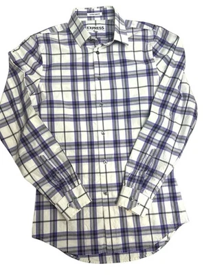 EXPRESS MENS EXTRA SLIM LONG SLEEVE BUTTON UP DRESS SHIRT PURPLE PLAID SIZE XS - Image 1 of 4