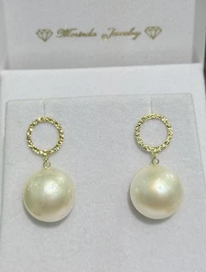 14mm Natural Mabe Stud Dangle Earrings With 18k Yellow Gold. - Picture 1 of 6