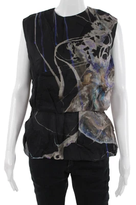 Emilio de la Morena Women Sleeveless Black Silk Graphic Crewneck Blouse Size 14 - Image 1 of 4