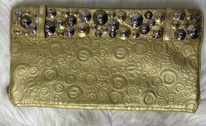 Henri Bendel Monogrammed Made In Italy Gold And Silver Beaded Studded Clutch - Picture 1 of 9