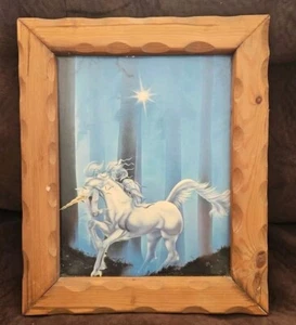 Vintage Sue Dawe Unicorn Wood Framed Fantasy Artwork Art 12x10 - Picture 1 of 12