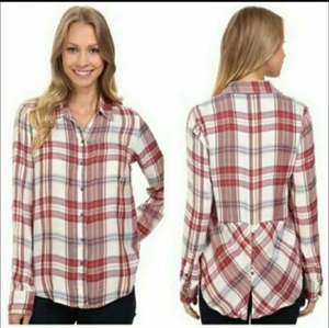 Lucky Brand Womens Boyfriend Plaid Button Front Shirt Size XS White Red Rayon - Picture 1 of 12