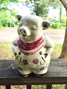 Smiley Pig Cookie Jar w Red Scarf and Flowers. Shawnee 7-1/2"A x 6"D x 11-1/4"H - Picture 1 of 10