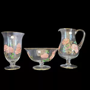3pc Set Romania Crystal Clear Pitcher Bowl Vase Handcrafted Flowers Gold Trim - Picture 1 of 13