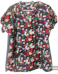 Snowman Scrub Top Vest V Neck Fun Colors USA Nurse Vet Winter Christmas - Picture 1 of 6