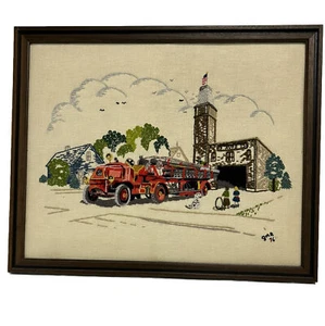 Vintage NEEDLEWORK Firehouse Fire Truck Dalmatian Dog 19 AVFD 25 USA Flag Tower - Picture 1 of 6