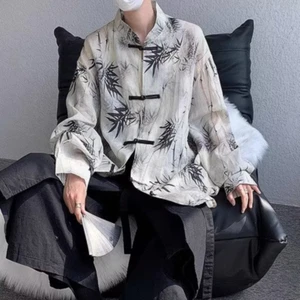 Men Leaf Pattern Long Sleeve Thin Shirt Blouse Loose Frog Button Ethnic Top Chic - Picture 1 of 7