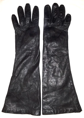 复古女式真丝衬里黑色皮革长手套 6.5 码 — 第 1/3 张图片