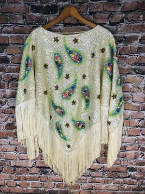 Vintage 60s Valentina Iridescent Sequins Wool Paisley Fringe Poncho Ivory One Sz - Image 1 of 4