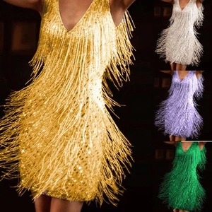Womens Glitter Fringe Tassel Mini Dress Evening Cocktail Party Bodycon Ball Gown - Picture 1 of 14
