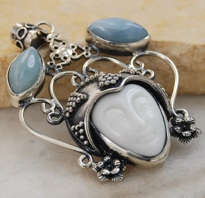 Enorme colgante de plata de cerámica blanca y piedras preciosas Larimar cara tallada joyería P8777 Foto 1 de 4