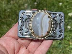 Fibbia per cintura stile western agata pietra ovale tono argento motivo 3x1,75 BELLA - Foto 1 di 8