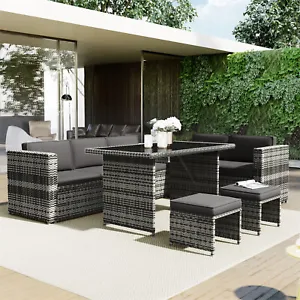 Rattan Garden Furniture 7 Seater Corner Sofa Outdoor Dining Table and Chairs Set - Picture 1 of 17