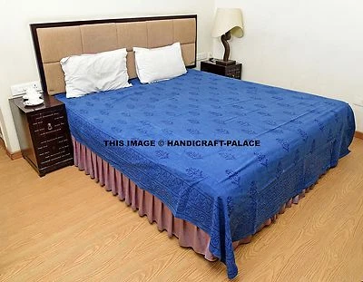 Sábana bajera de algodón tamaño king con estampado floral indio azul índigo Foto 1 de 4