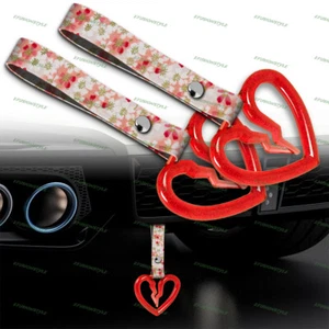 Red Crystal S Broken Heart JDM Ring Tsurikawa Car Strap -Pink Flowers Nylon X2 - Picture 1 of 5