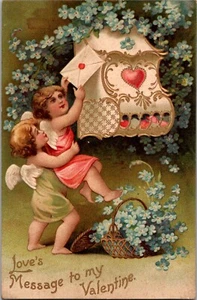 AK Schatz Denk an mich Cherubs liefern Valentinstag gestempelt 1909 - Bild 1 von 3