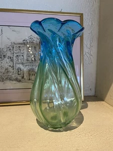 Vintage Rare Teleflora Vase Green Blue Swirl Blown Art glass ruffled edge 8”T - Picture 1 of 5