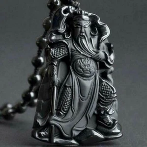 Collar de obsidiana negra Guan Gong dios de la riqueza sostener espada ancha colgante cuentas - Imagen 1 de 7