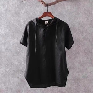 T-shirt uomo con cappuccio manica corta casual cotone e lino top stile cinese - Foto 1 di 20