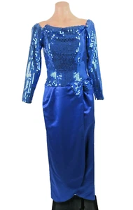 VTG 80s Morton Myles Blue Satin Sequin Off Shoulder GLAM PARTY Dress Sz 4 Prom - Picture 1 of 9