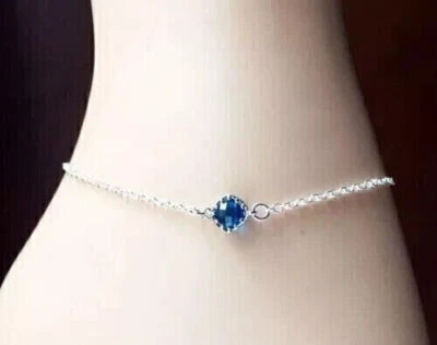 Anklet 0.30Ct Created Blue Sapphire Charm Women's Gift 14K White Gold Finish 9" - Image 1 of 3