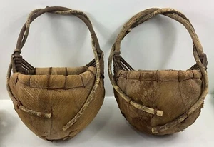 2-Piece Vintage Wall Hanging Rustic Folk Art Woven Husk Baskets 11"x15" - Picture 1 of 4