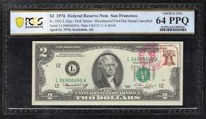 FR. 1935-L 1976 $2 FRN “FIRST DAY ISSUED SCOTTSDALE, AZ” PCGS BANKNOTE UNC-64PPQ - Picture 1 of 2