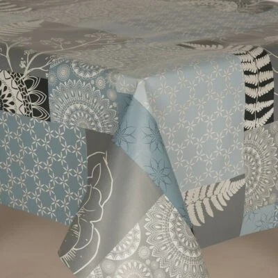 Art Deco Blue Fern leaves, Geometric Stars Pvc Wipe Clean Vinyl Tablecloth - Image 1 of 2