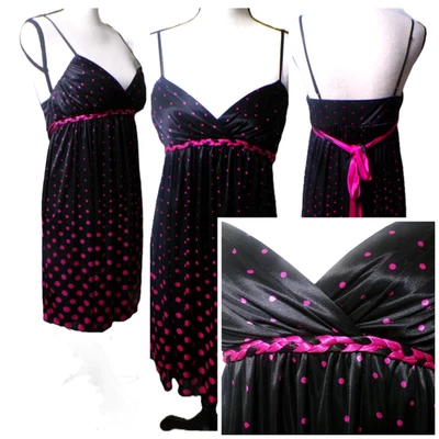 Y2k Ruby Rox Babydoll Mini Dress M Satin Black Pink Polk Dots Fairy Whimsigoth - Image 1 of 4