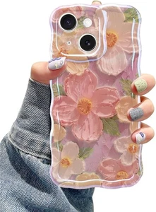 for iPhone 14 Plus/15 Plus, Colorful Retro Oil Painting Printed Flower Laser - Picture 1 of 6