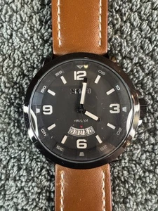 Skmei Quartz Watch 9115 Men 30m Black Date Brown Leather Analog New Battery - Picture 1 of 4