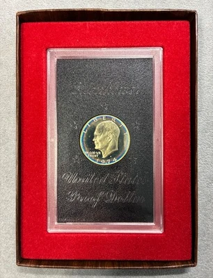 Dólar de plata Eisenhower 1974-S a prueba con soporte original en caja marrón Foto 1 de 4