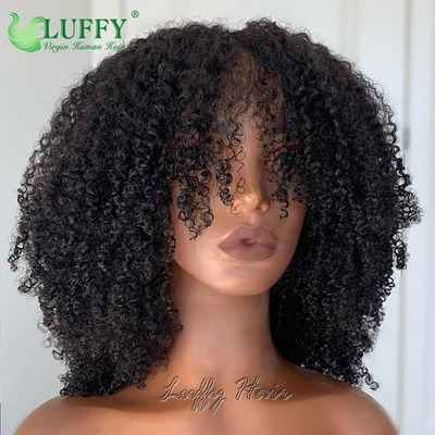 Peluca frontal de encaje 13x6 pelucas rizadas afro rizadas con flequillo cabello humano HD peluca de encaje completo Foto 1 de 4