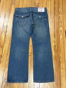 VTG True Religion Jeans Mens 38x32 Blue Ricky Big T Flap Straight Denim USA - Picture 1 of 9