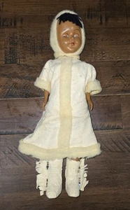 Vintage 11" Native Indian Doll Leather-Dress Beaded-Boots Faux-Fur Hood - Picture 1 of 10